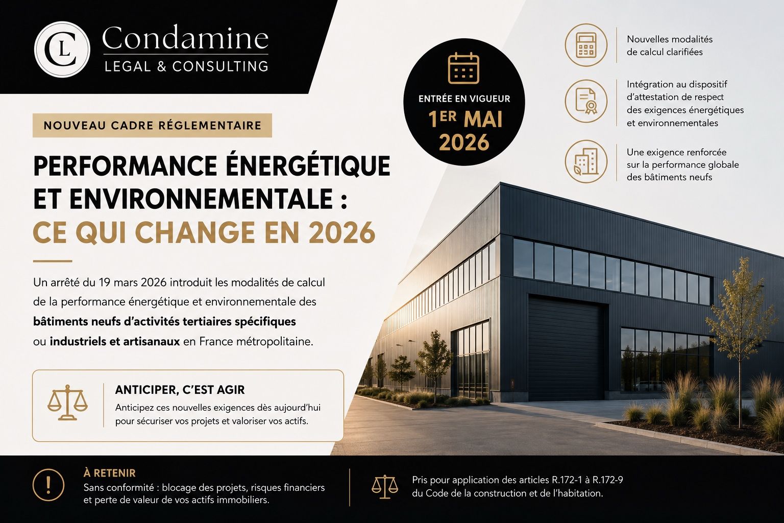 L'image montre un batiment sur la droite de celle-ci puis sur la gauche une explication de la nouvelle norme de construction de la RE2020