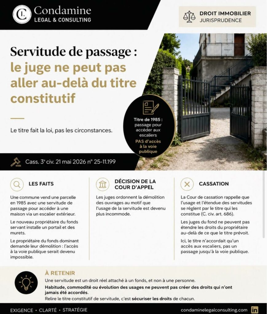 L'image montre un titre sur le haut gauche de l'image puis un portail entre ouvert sur la partie basse de l'image sont exprimé trois bloc avec des textes tels que les faits, la décision de la cour d'appel, cassation puis un encart sur le bas ou est mentionné à retenir