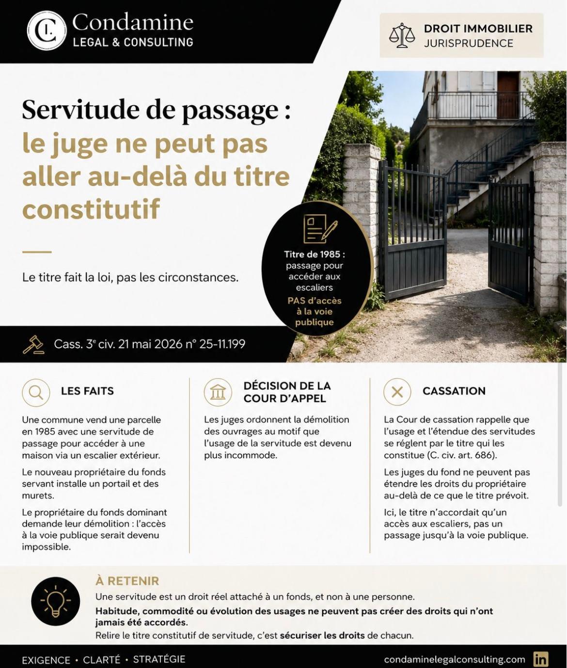 L'image montre un titre sur le haut gauche de l'image puis un portail entre ouvert sur la partie basse de l'image sont exprimé trois bloc avec des textes tels que les faits, la décision de la cour d'appel, cassation puis un encart sur le bas ou est mentionné à retenir