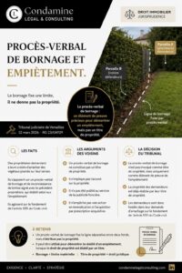 Infographie Condamine Legal & Consulting : procès-verbal de bornage et empiètement, le bornage fixe la limite mais ne donne pas la propriété.