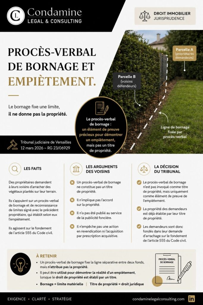 Infographie Condamine Legal & Consulting : procès-verbal de bornage et empiètement, le bornage fixe la limite mais ne donne pas la propriété.