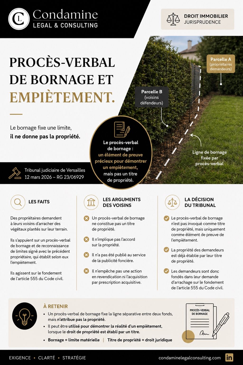 Infographie Condamine Legal & Consulting : procès-verbal de bornage et empiètement, le bornage fixe la limite mais ne donne pas la propriété.