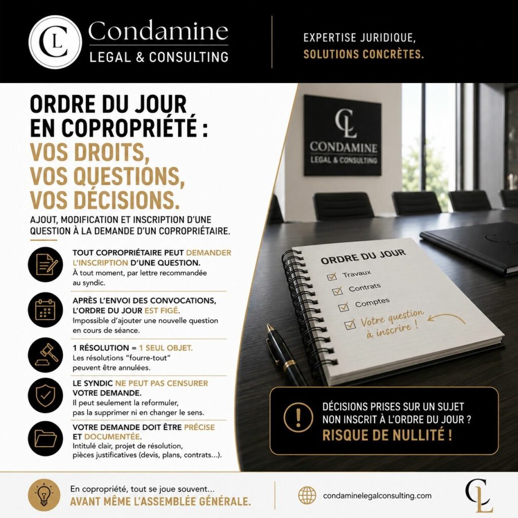 Voici le texte alternatif (champ ALT) : Infographie Condamine Legal & Consulting : ordre du jour en copropriété, les droits du copropriétaire face au syndic.