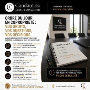 Voici le texte alternatif (champ ALT) : Infographie Condamine Legal & Consulting : ordre du jour en copropriété, les droits du copropriétaire face au syndic.