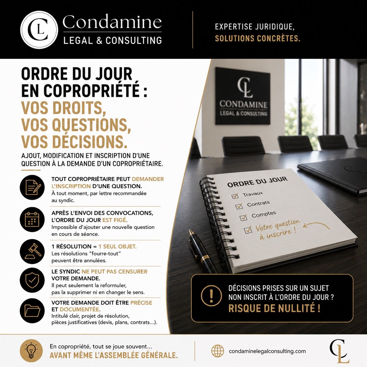 Voici le texte alternatif (champ ALT) : Infographie Condamine Legal & Consulting : ordre du jour en copropriété, les droits du copropriétaire face au syndic.